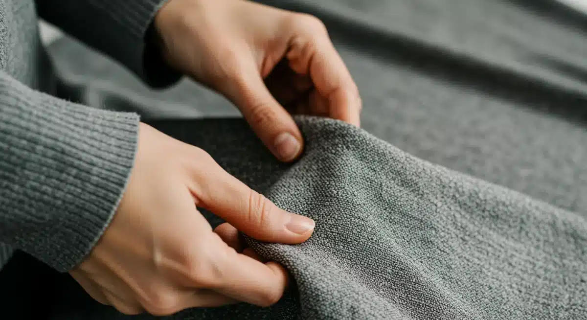 Manos examinando la textura y calidad de una tela reciclada, simbolizando la transparencia en la cadena de suministro de moda sostenible.