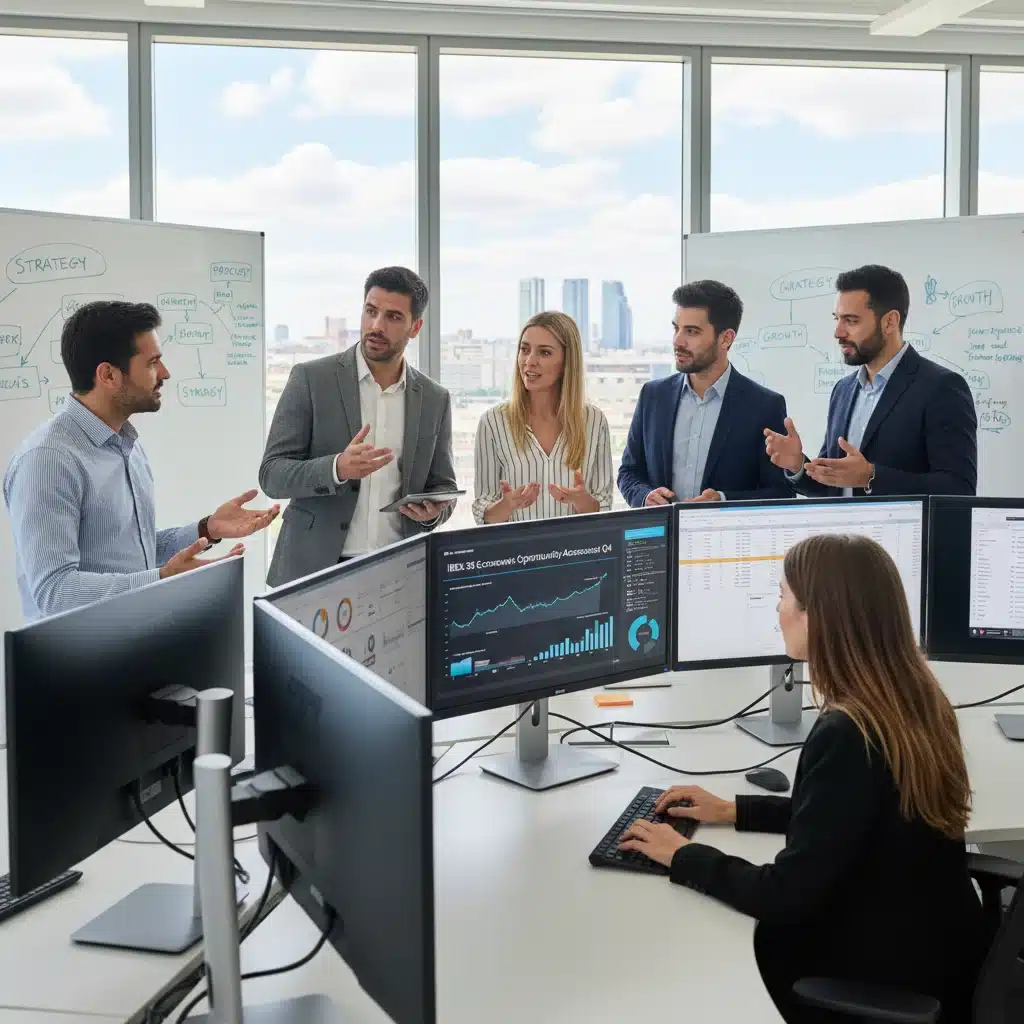 Equipo de analistas financieros estudiando oportunidades de inversión en el mercado español