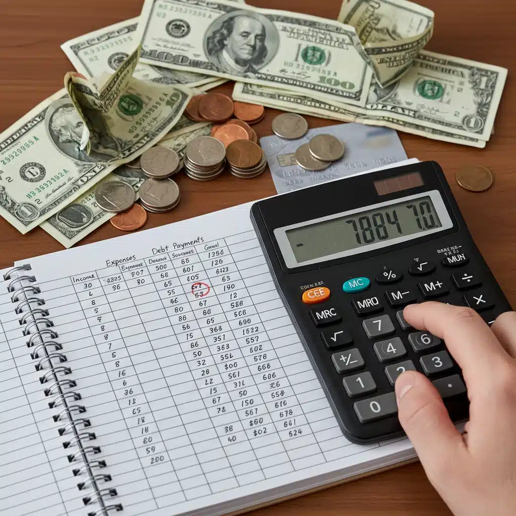 Mano usando calculadora para presupuesto y gestión de deudas