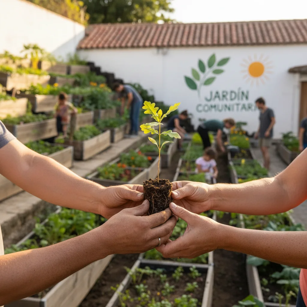 Manos intercambiando una planta, simbolizando crecimiento sostenible y colaboración en proyectos sociales.