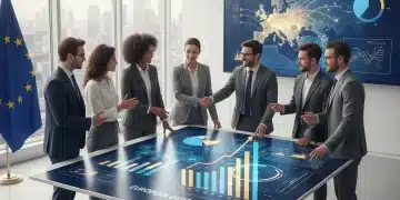 Digitalización Empresarial en España: Ayudas Europeas hasta 2026 Profesionales colaborando con tecnología digital y elementos gráficos de crecimiento, representando la digitalización empresarial y las ayudas europeas.