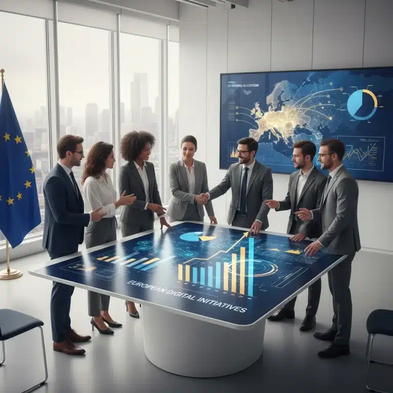 Profesionales colaborando con tecnología digital y elementos gráficos de crecimiento, representando la digitalización empresarial y las ayudas europeas.
