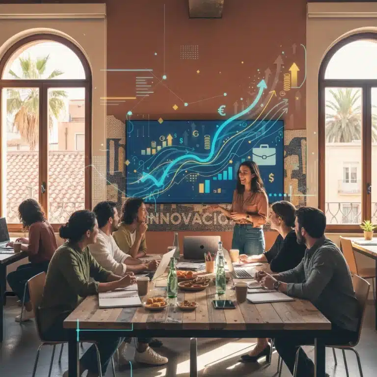 Emprendedores colaborando en España, simbolizando el éxito con ayudas y fondos.