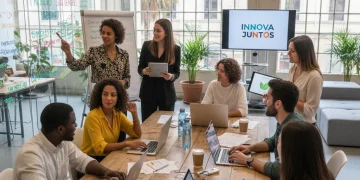Emprendimiento Social España 2026: Oportunidades y Retos de Impacto Emprendedores sociales colaborando en un espacio de coworking moderno en España, discutiendo proyectos de impacto positivo.
