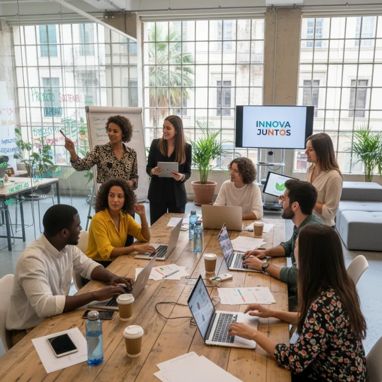 Emprendedores sociales colaborando en un espacio de coworking moderno en España, discutiendo proyectos de impacto positivo.