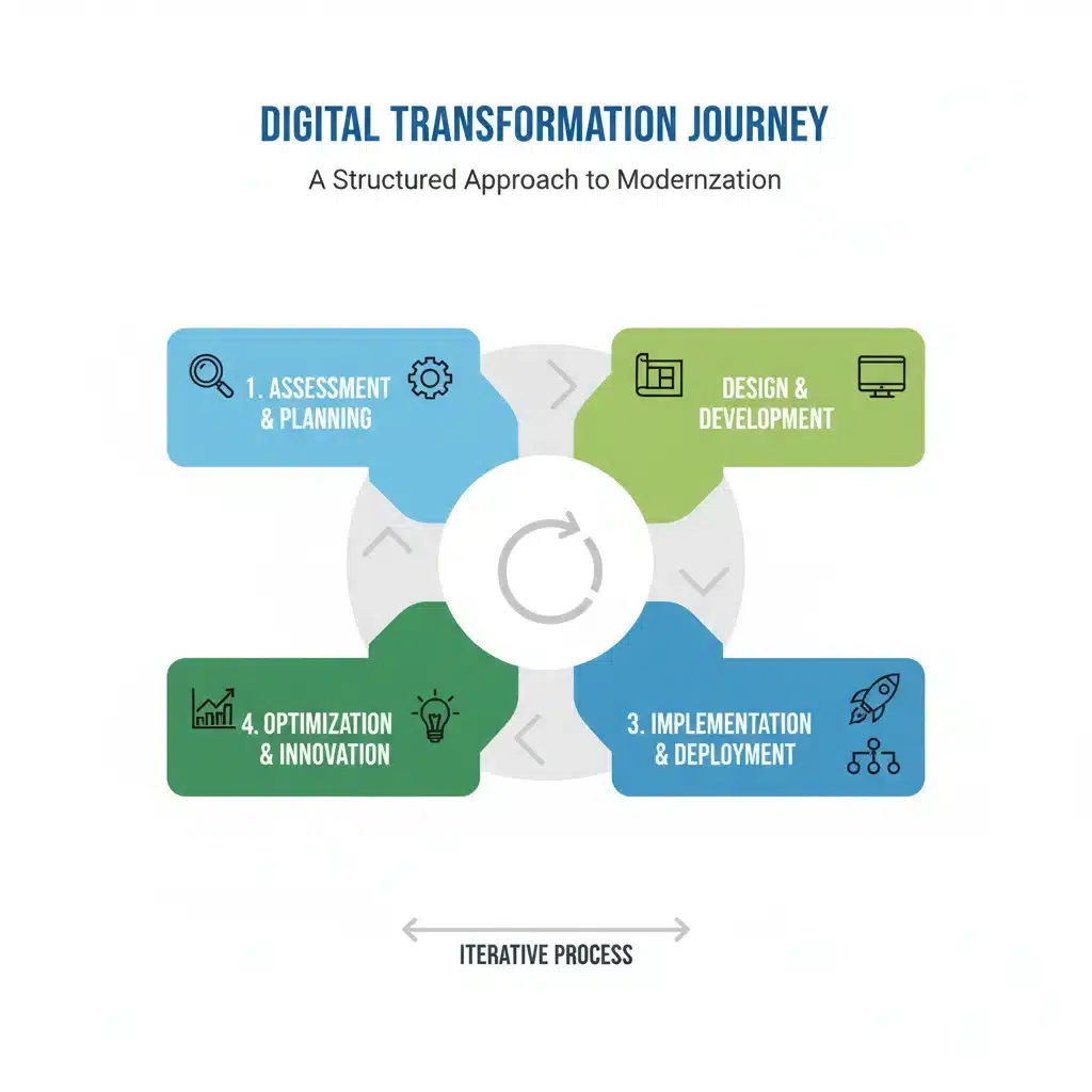 Infografía de las fases clave de un proyecto de transformación digital, desde la evaluación hasta la optimización.