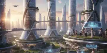Ciudad futurista al amanecer con personas felices y diversas realizando actividades de bienestar en 2026.