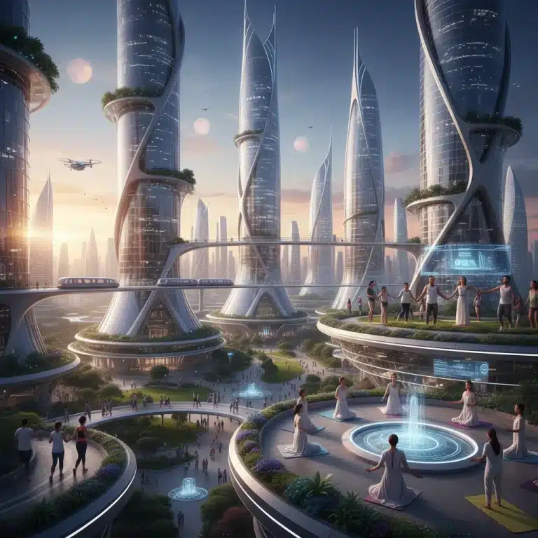 Ciudad futurista al amanecer con personas felices y diversas realizando actividades de bienestar en 2026.