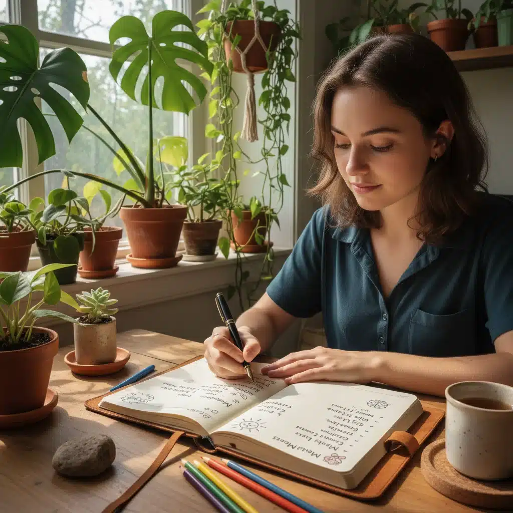 Persona escribiendo en un diario con luz natural, practicando la gratitud y la reflexión.