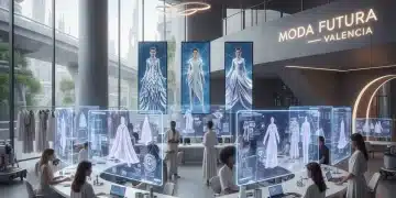 Diseñadores de moda españoles interactuando con interfaces de IA para crear diseños futuristas.