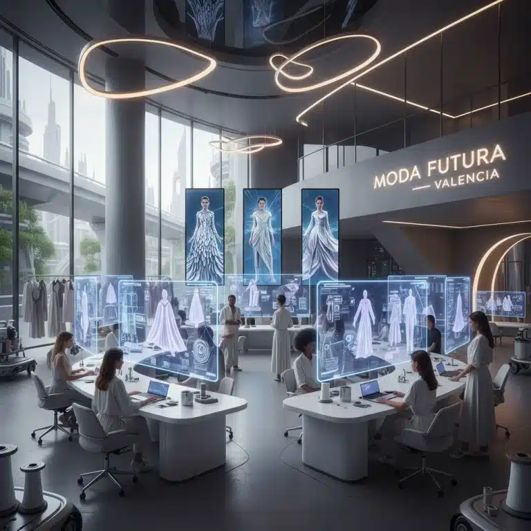 Diseñadores de moda españoles interactuando con interfaces de IA para crear diseños futuristas.