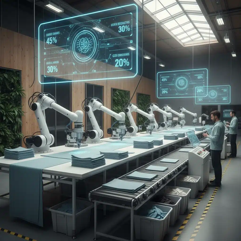 Línea de producción de moda sostenible con robots y IA optimizando el corte de tela y reduciendo residuos.