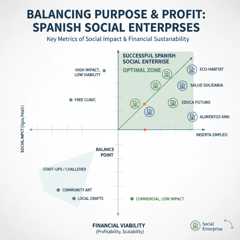 Gráfico mostrando el equilibrio entre impacto social y sostenibilidad financiera en emprendimientos españoles.