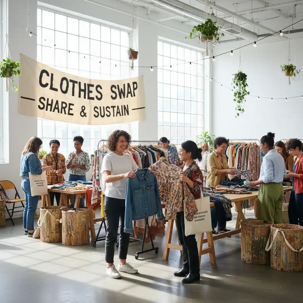 Intercambio de ropa en un mercado de segunda mano, promoviendo la economía circular y la sostenibilidad.
