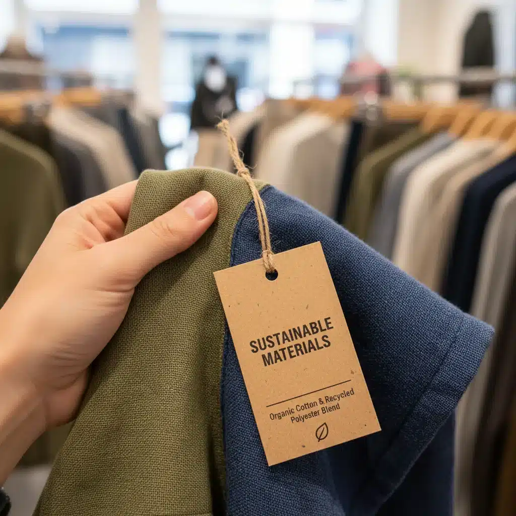 Etiqueta de ropa que indica materiales sostenibles como algodón orgánico y poliéster reciclado.