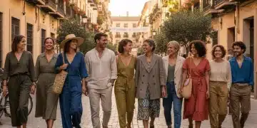 Personas con ropa de moda sostenible en una calle española, mostrando estilo y conciencia ecológica.