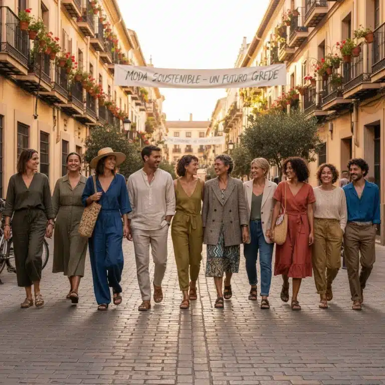 Personas con ropa de moda sostenible en una calle española, mostrando estilo y conciencia ecológica.