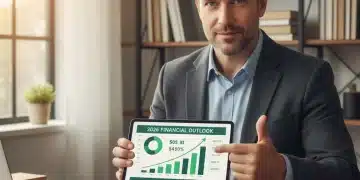 Mujer sonriente revisando finanzas en tableta, simbolizando éxito financiero en 2026