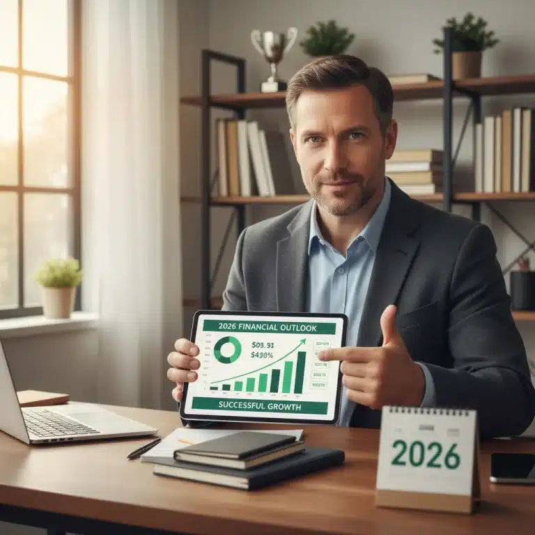 Mujer sonriente revisando finanzas en tableta, simbolizando éxito financiero en 2026