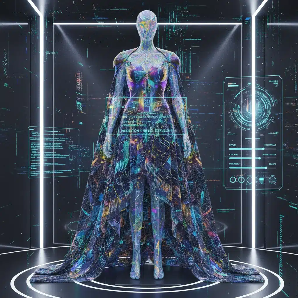Prenda personalizada generada por IA en un maniquí virtual, mostrando detalles intrincados.