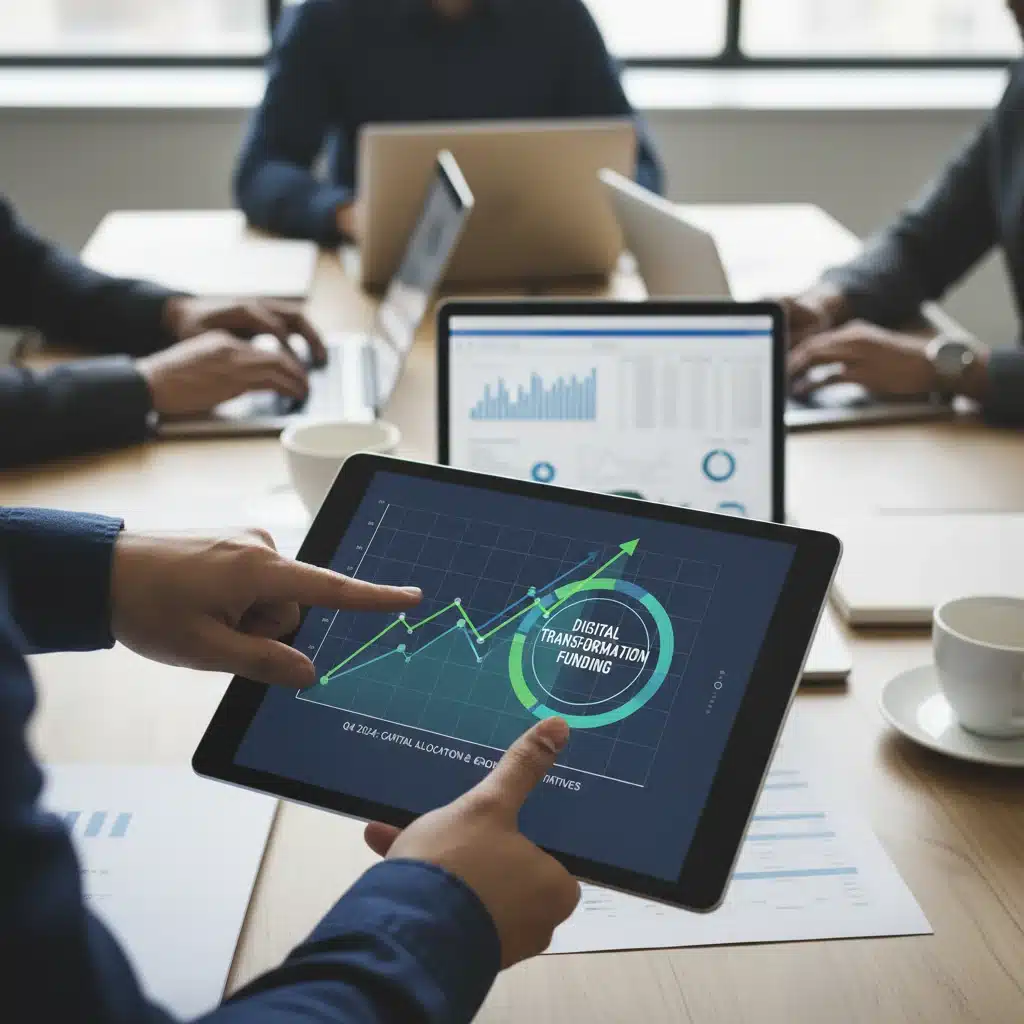 Mano señalando un gráfico financiero en una tablet, simbolizando la planificación estratégica para acceder a fondos de digitalización.