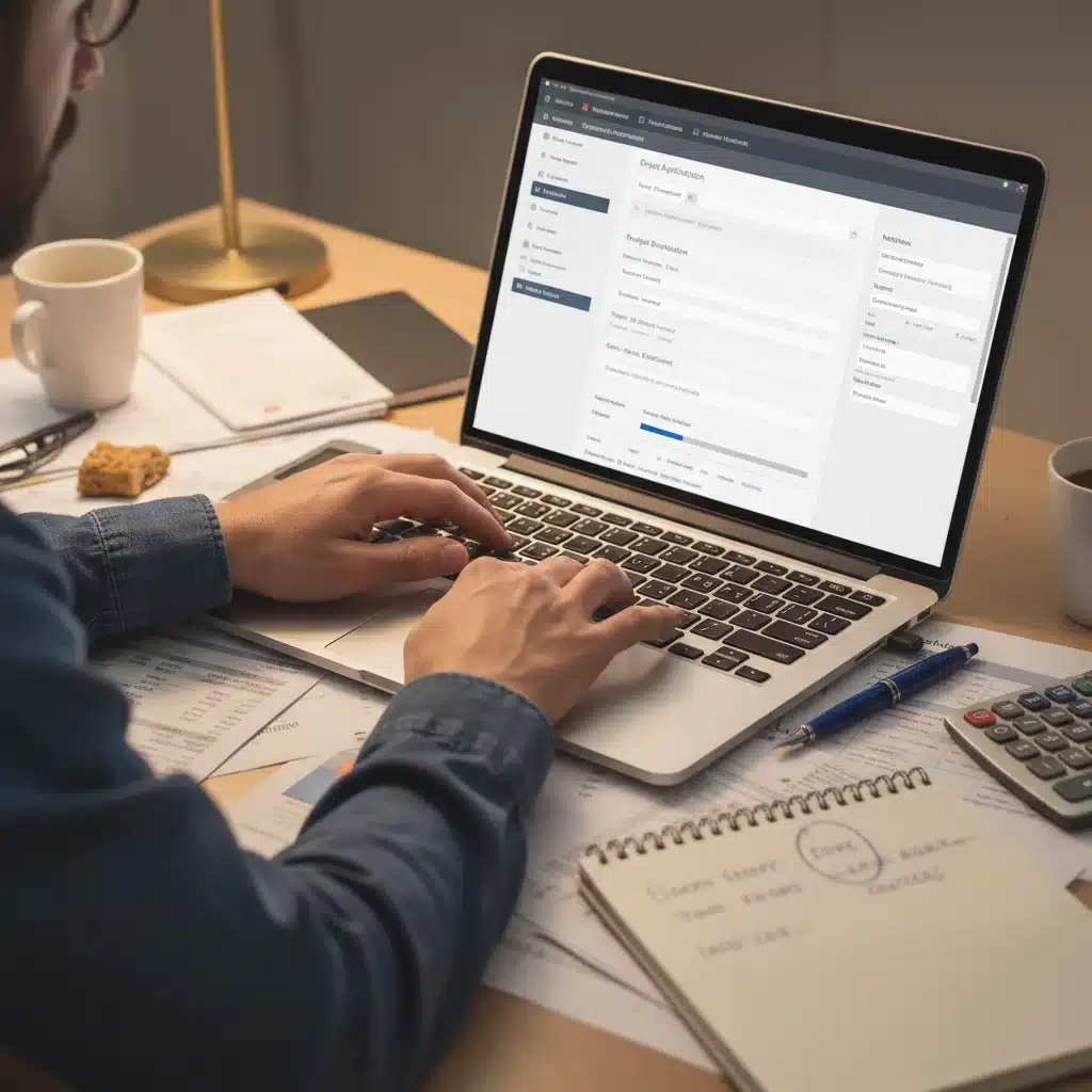 Manos llenando solicitud de ayuda para emprendedores en línea, con documentos.