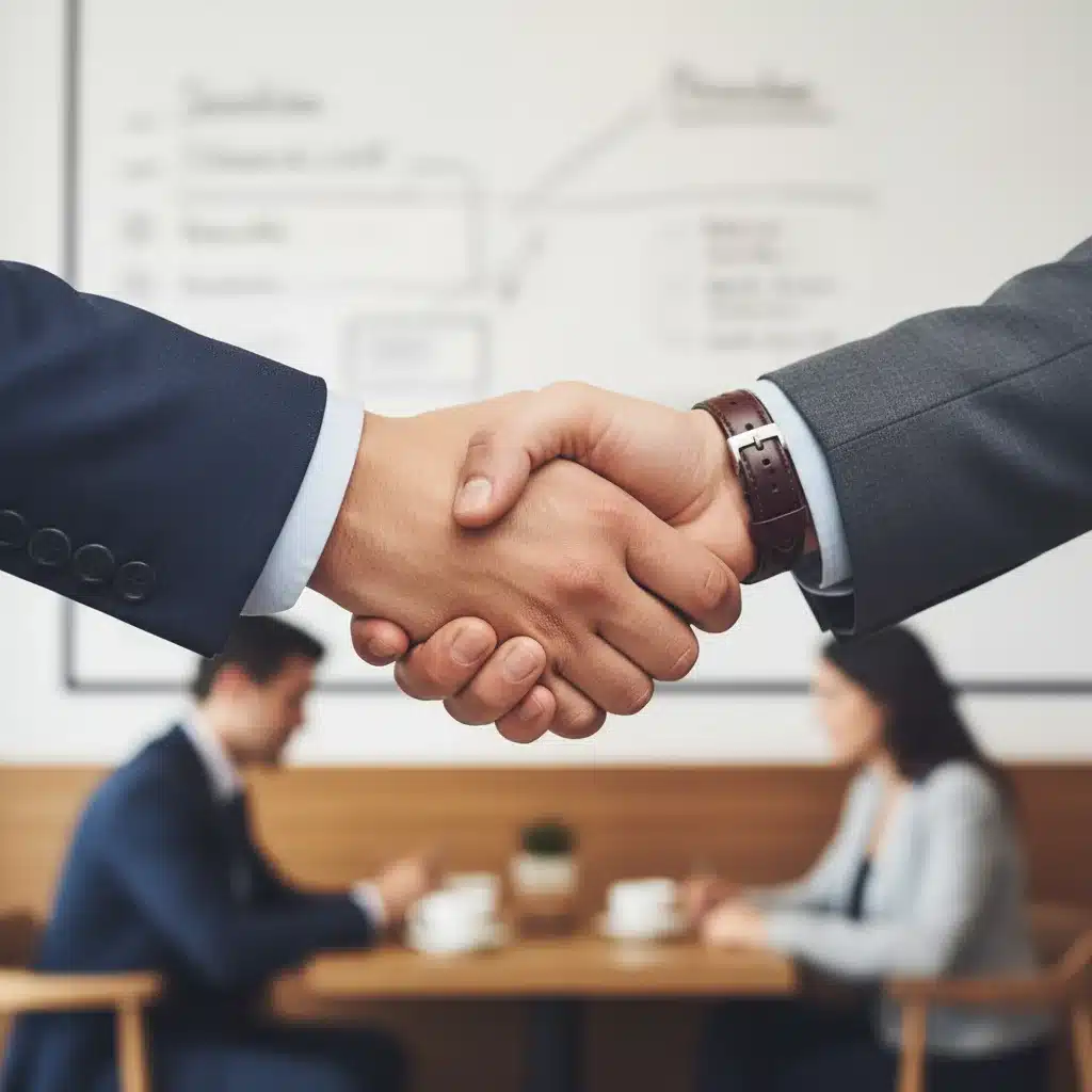 Dos manos estrechándose, simbolizando un acuerdo comercial exitoso o una nueva colaboración.