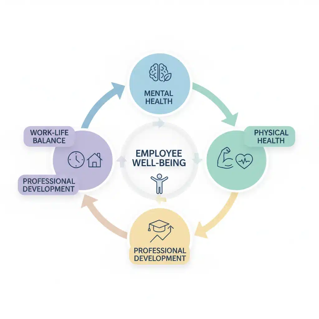 Infografía sobre bienestar integral del empleado en el entorno de una startup