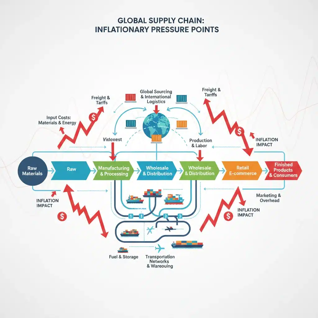 Ilustración de una cadena de suministro global afectada por aumentos de precios en materias primas y logística.