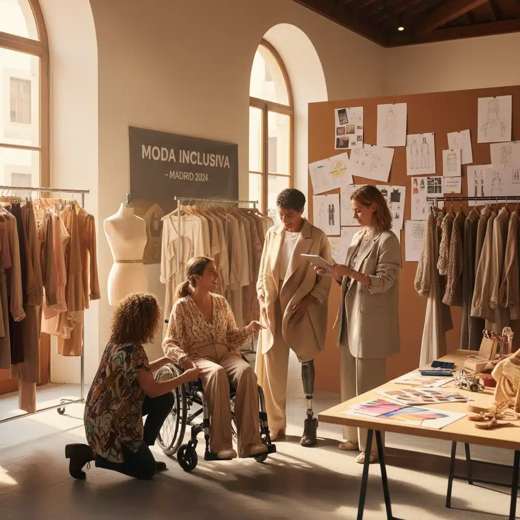 Diseñadores y modelos colaborando en el backstage de un desfile de moda inclusiva española