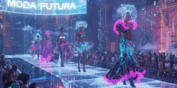 Metaverso y Moda Española: Oportunidades Clave para 2024 Desfile de moda futurista en el metaverso con avatares luciendo diseños españoles innovadores.