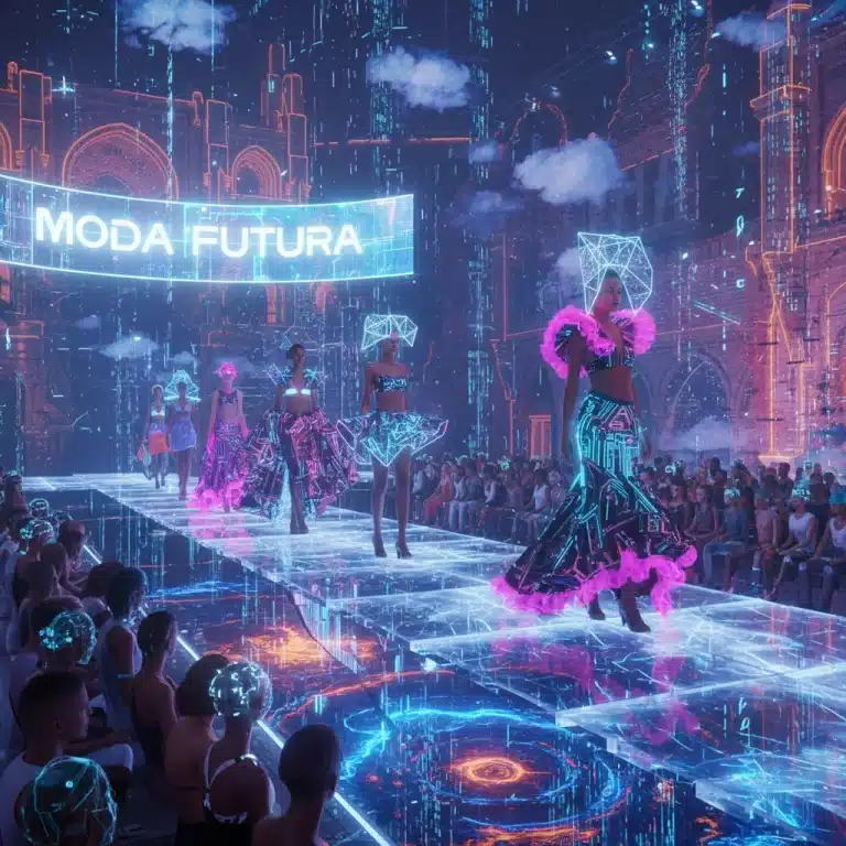 Desfile de moda futurista en el metaverso con avatares luciendo diseños españoles innovadores.
