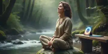Mujer relajada en la naturaleza, meditando lejos de dispositivos digitales, simbolizando desintoxicación digital y paz mental.