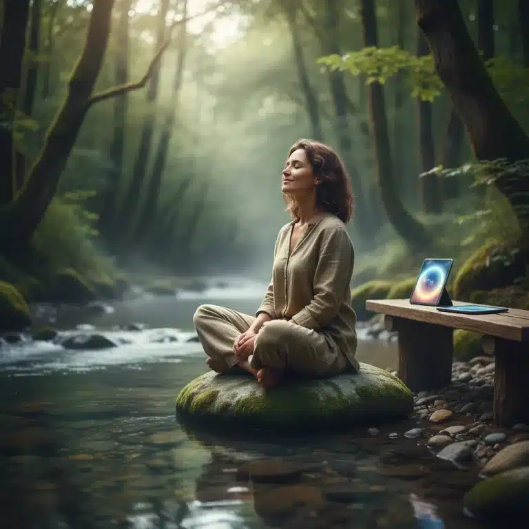 Mujer relajada en la naturaleza, meditando lejos de dispositivos digitales, simbolizando desintoxicación digital y paz mental.