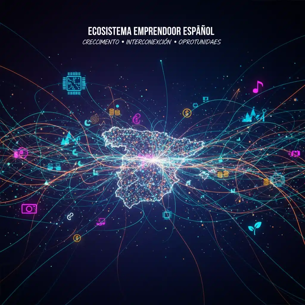 Visualización de un ecosistema emprendedor con nodos interconectados, representando la red de contactos y oportunidades.