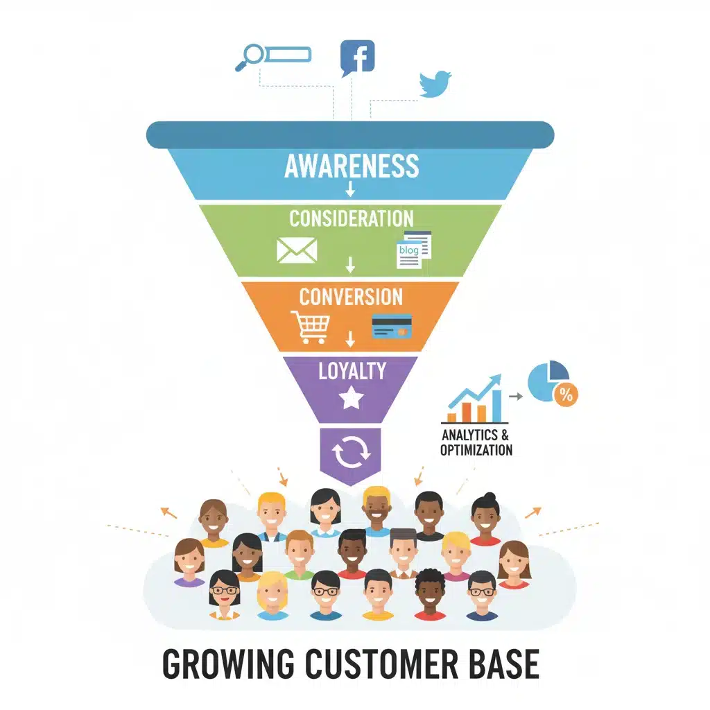 Ilustración de un embudo de conversión de clientes con diversas etapas y canales de marketing digital.