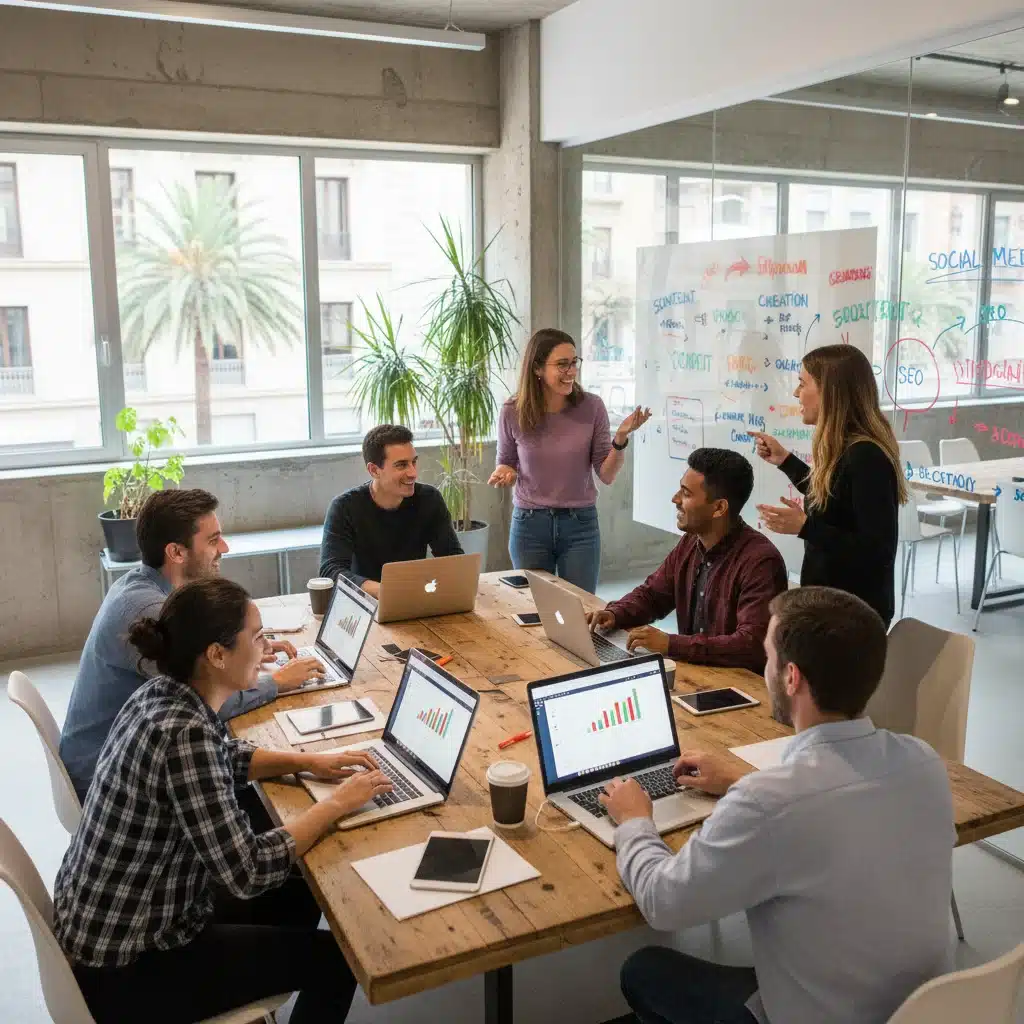 Emprendedores colaborando en estrategias de marketing digital en un espacio de coworking en España.