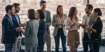 Emprendedores españoles haciendo networking en un evento moderno, intercambiando ideas y tarjetas de presentación.