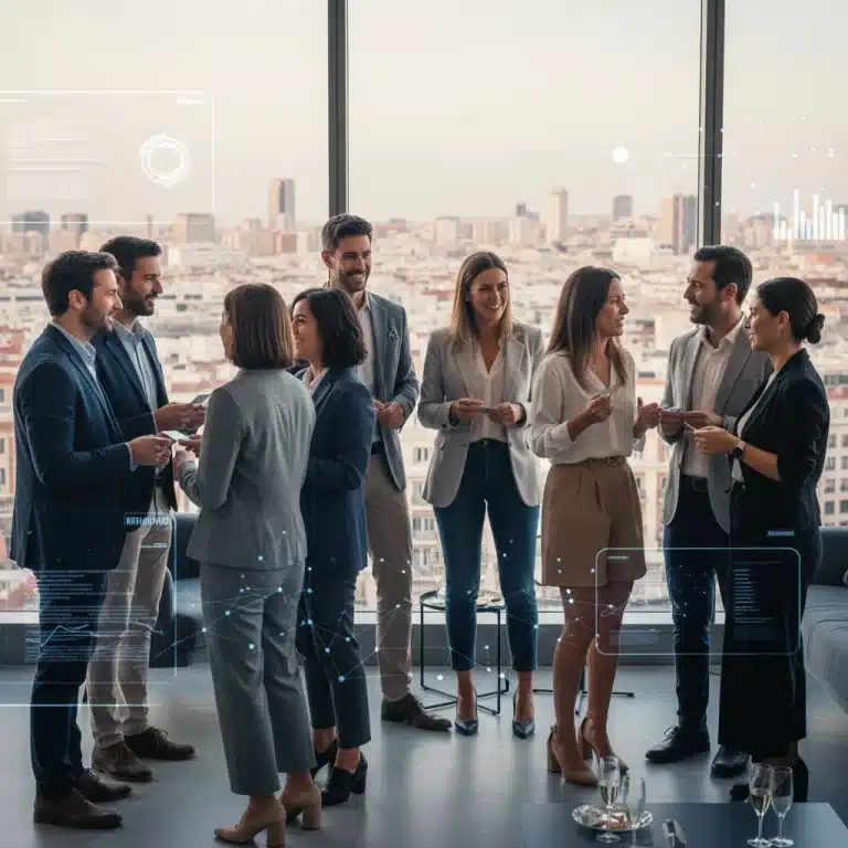 Emprendedores españoles haciendo networking en un evento moderno, intercambiando ideas y tarjetas de presentación.