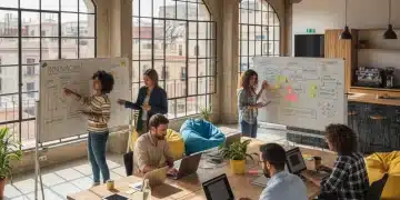 Equipo diverso de startup española colaborando en oficina moderna y luminosa