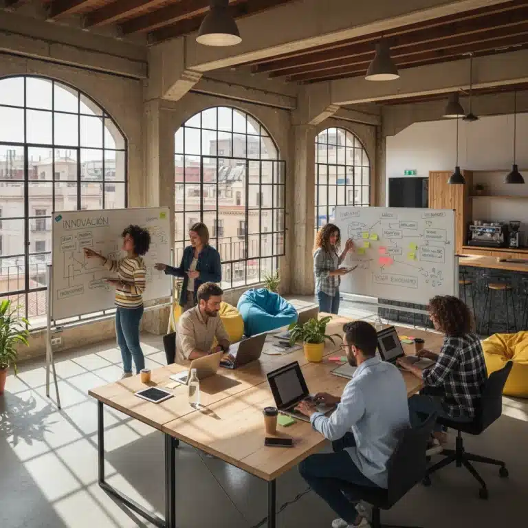 Equipo diverso de startup española colaborando en oficina moderna y luminosa
