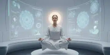 Persona meditando serenamente en un entorno digital futurista con interfaces de luz tenue.