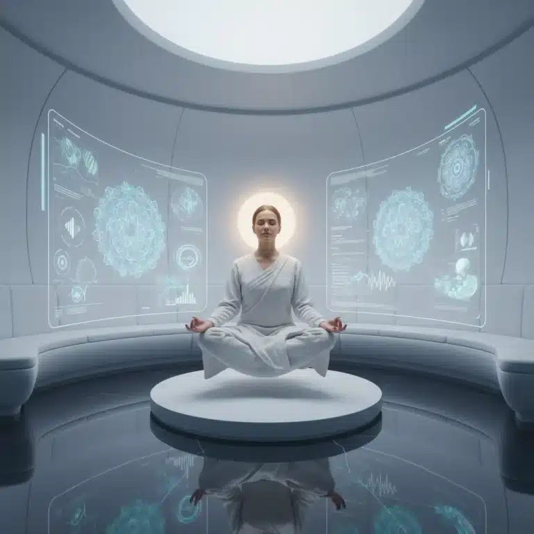 Persona meditando serenamente en un entorno digital futurista con interfaces de luz tenue.