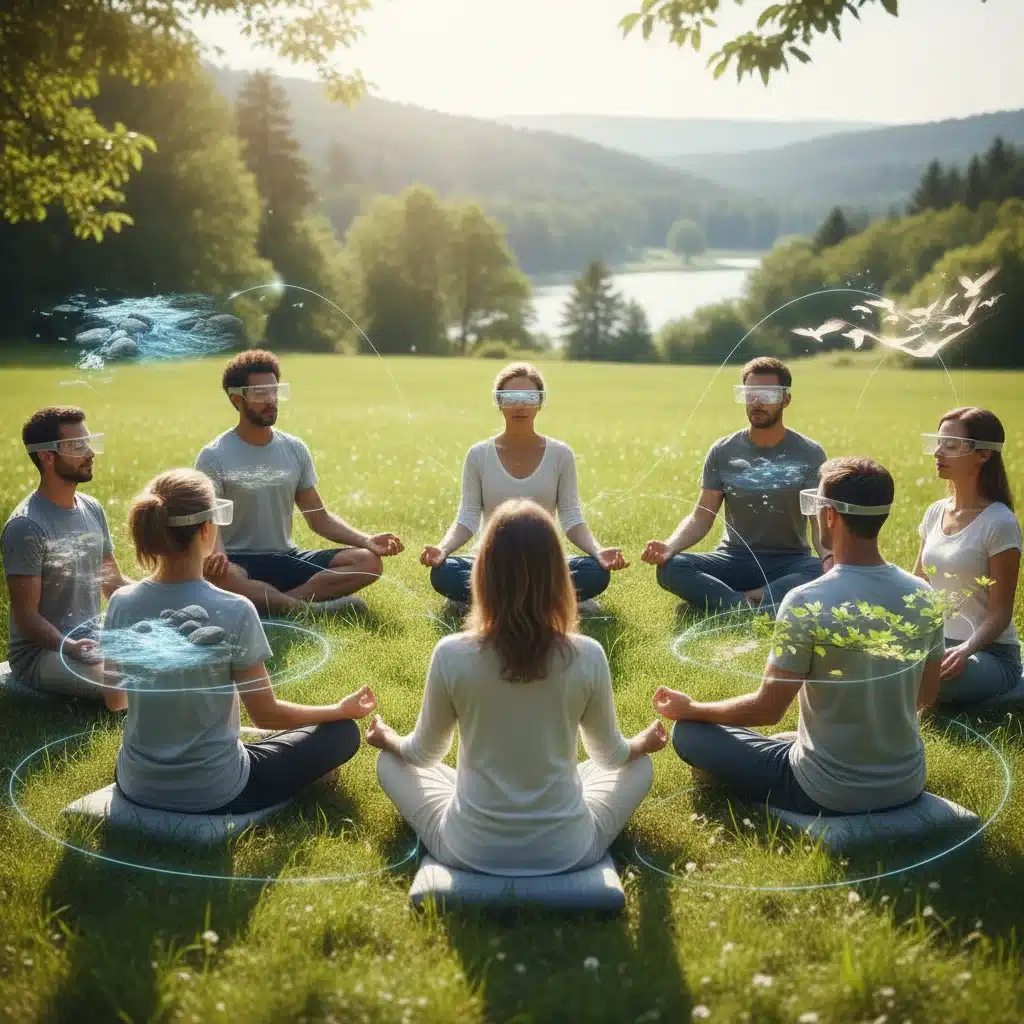 Grupo meditando al aire libre con tecnología de realidad aumentada que muestra elementos naturales.