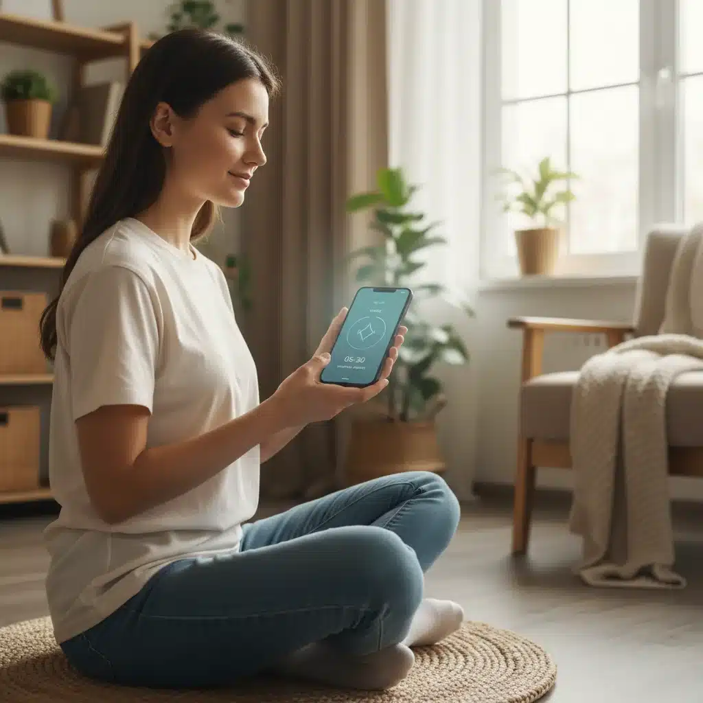 Individuo practicando atención plena mientras usa un smartphone, con una aplicación de meditación abierta.