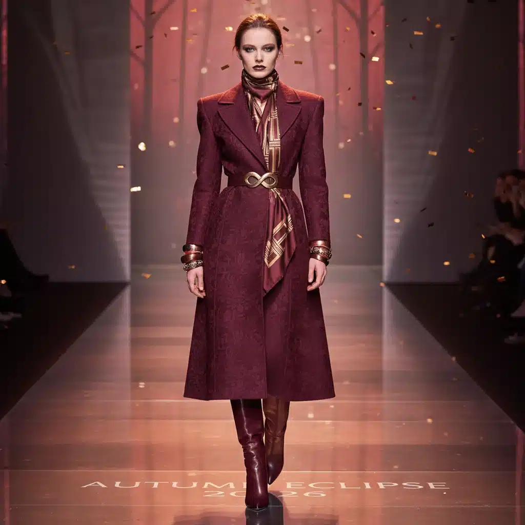 Modelo de pasarela luciendo un elegante conjunto en tono burdeos profundo, una tendencia clave de color para el invierno 2026.