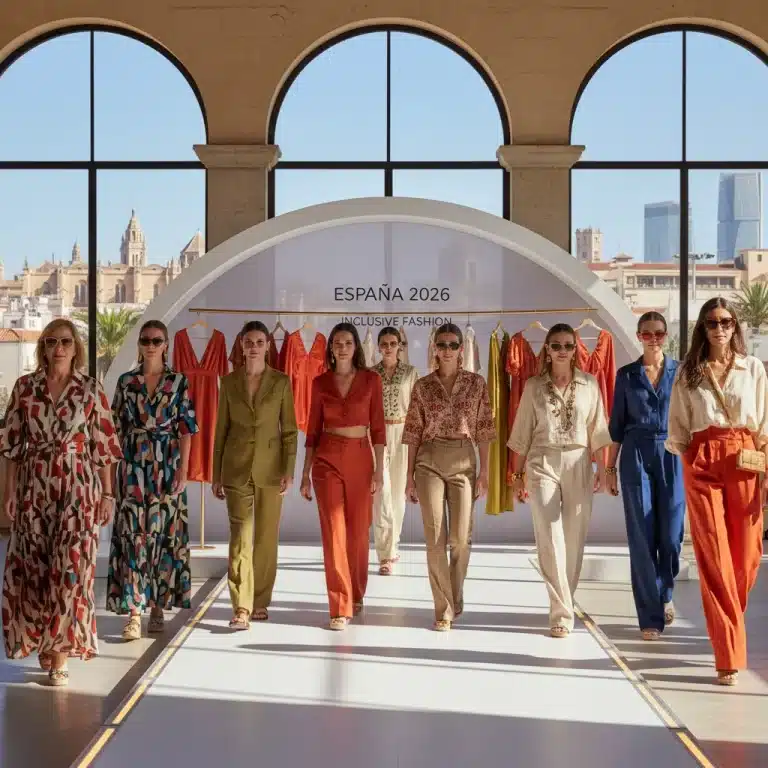 Modelos diversos desfilando en pasarela con ropa de moda inclusiva española 2026