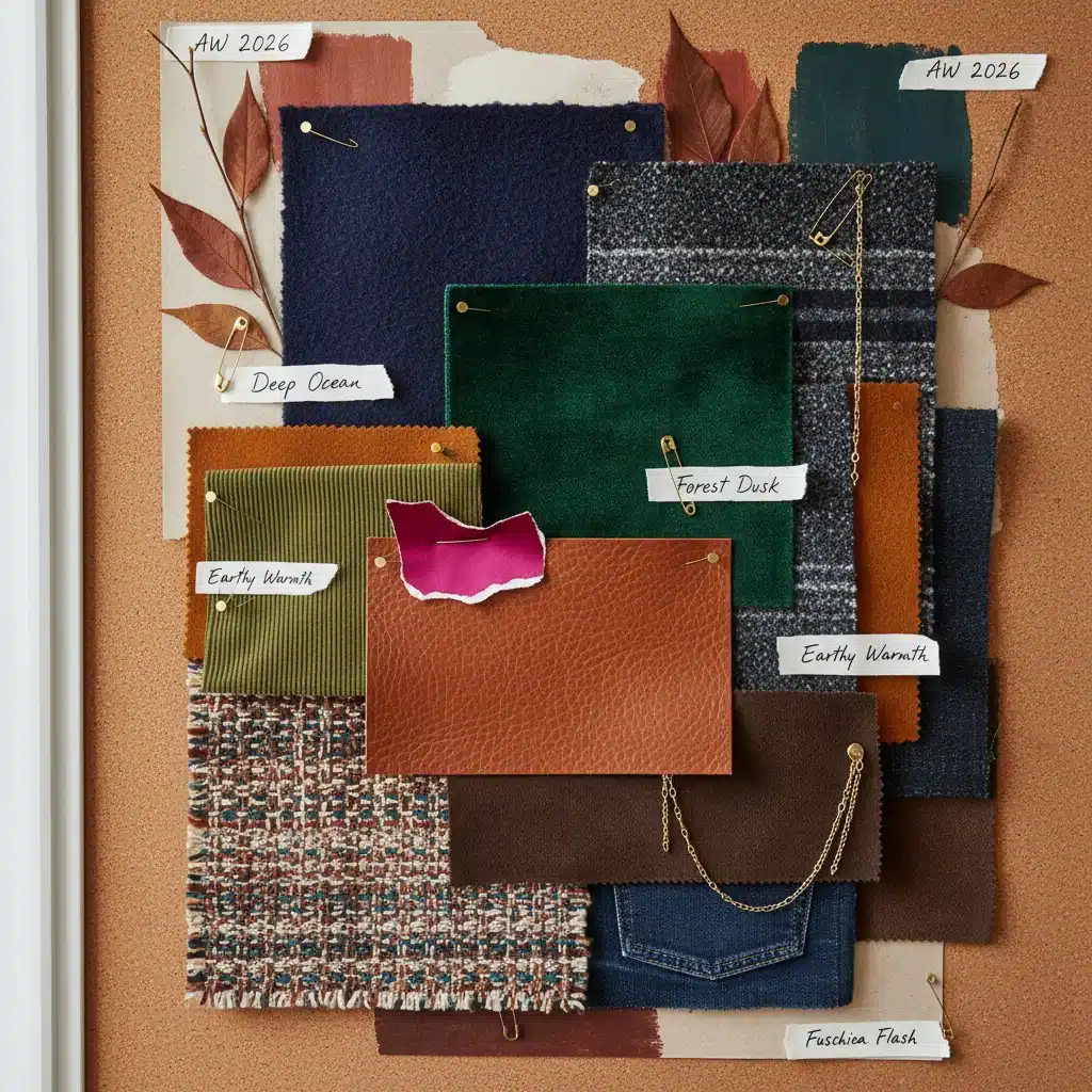 Muestra de telas con la paleta de colores clave para otoño-invierno 2026, inspirando combinaciones de moda.