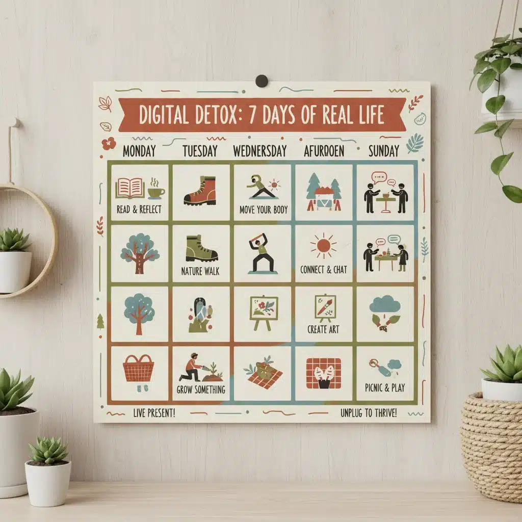Calendario de 7 días con actividades sin pantalla como leer y hacer ejercicio, representando un plan de desintoxicación digital efectivo.