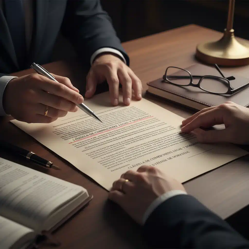 Detalle de contrato laboral siendo revisado por un profesional, con énfasis en cláusulas clave.